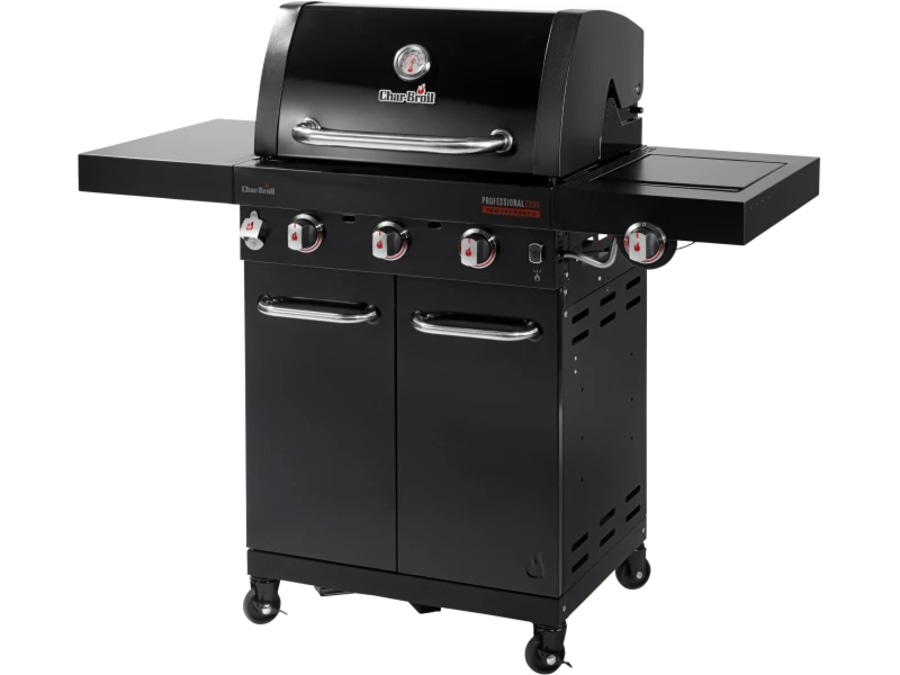 Schwarzer Gasgrill mit Deckel, Knöpfen und Rädern, Char-Broil Professional