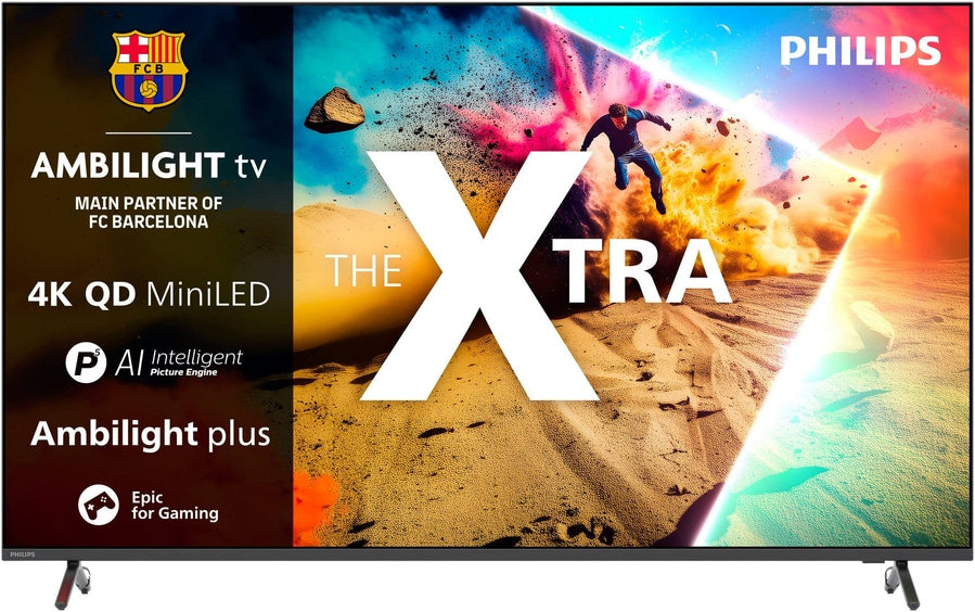 Philips Ambilight TV mit "The Xtra" und FC Barcelona Logo.