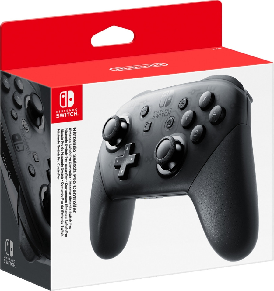 Nintendo Switch Pro Controller in der Verpackung. Schwarzer Controller.