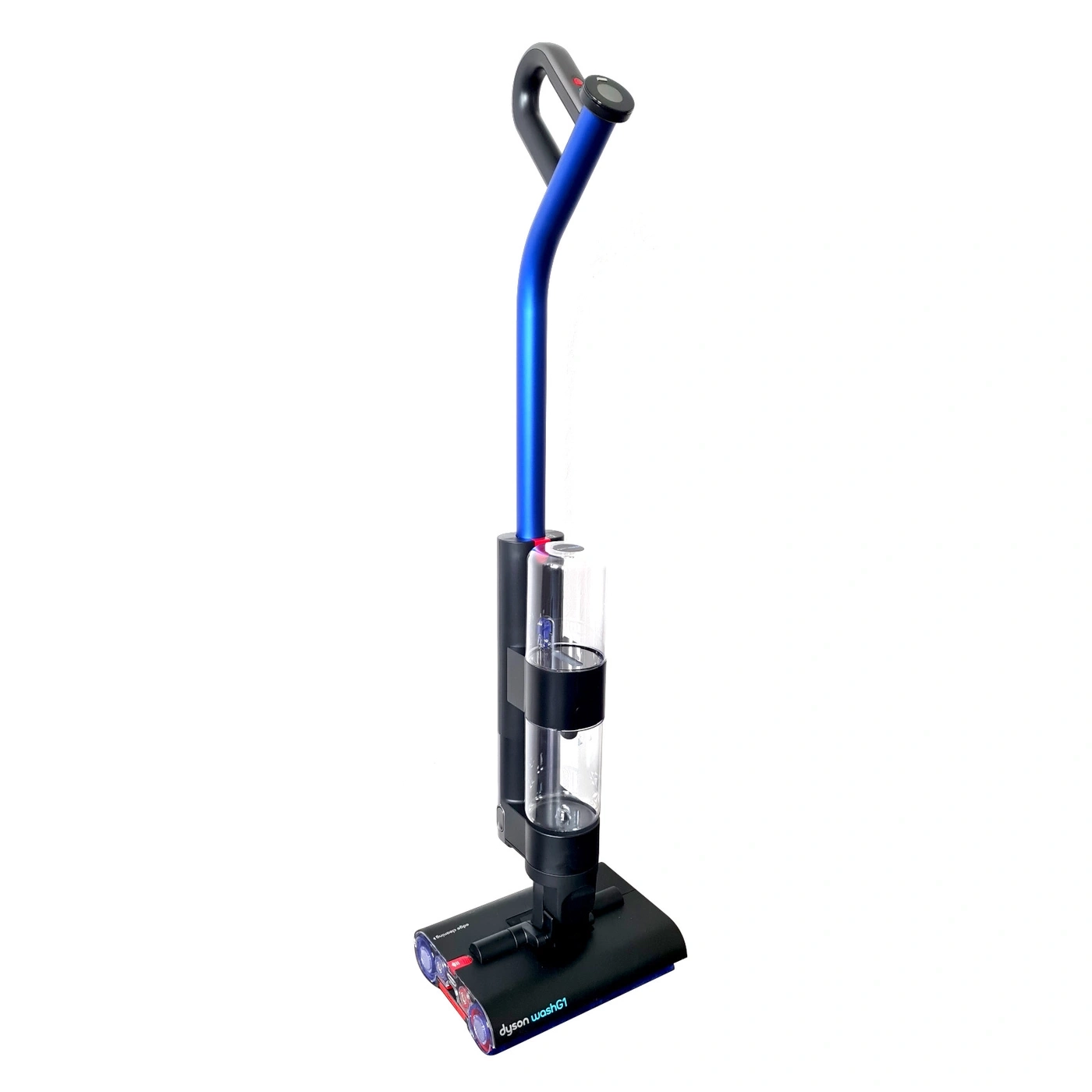 Ein blauer Dyson Wash G1 Bodenreiniger steht auf weißem Hintergrund.