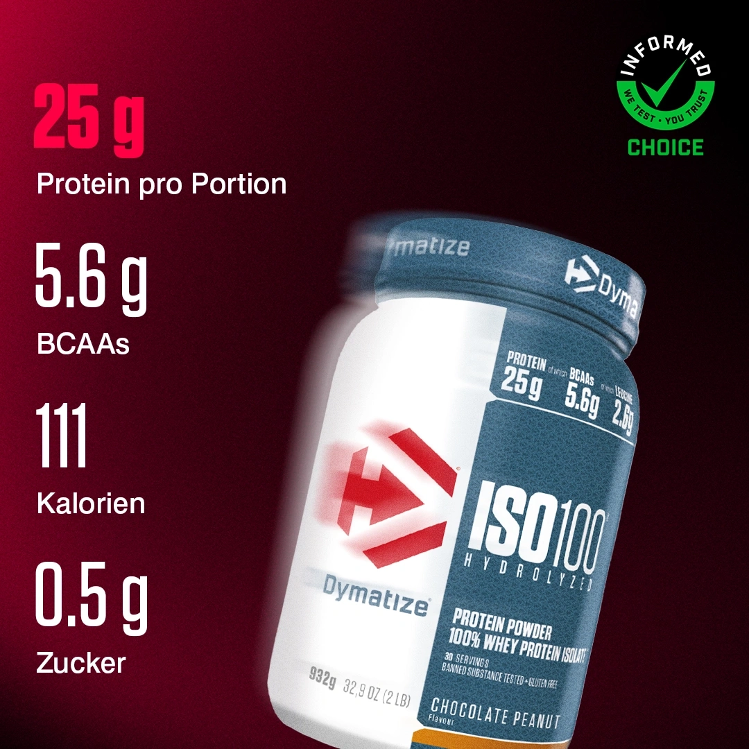 Dymatize ISO 100 Schokolade Erdnuss Protein Pulver mit Nährwertangaben