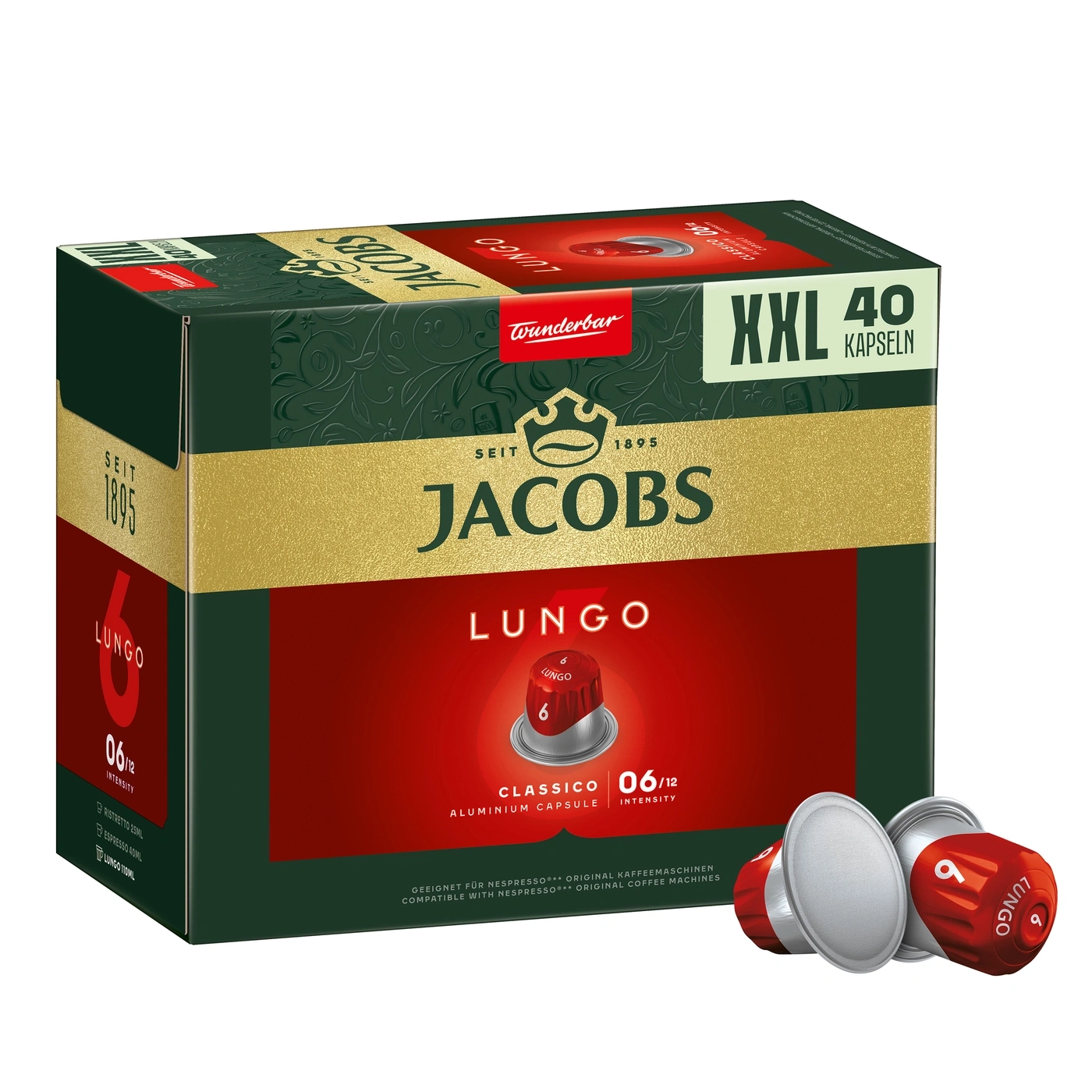 Eine Packung Jacobs Lungo Kaffee Kapseln mit 40 Stück