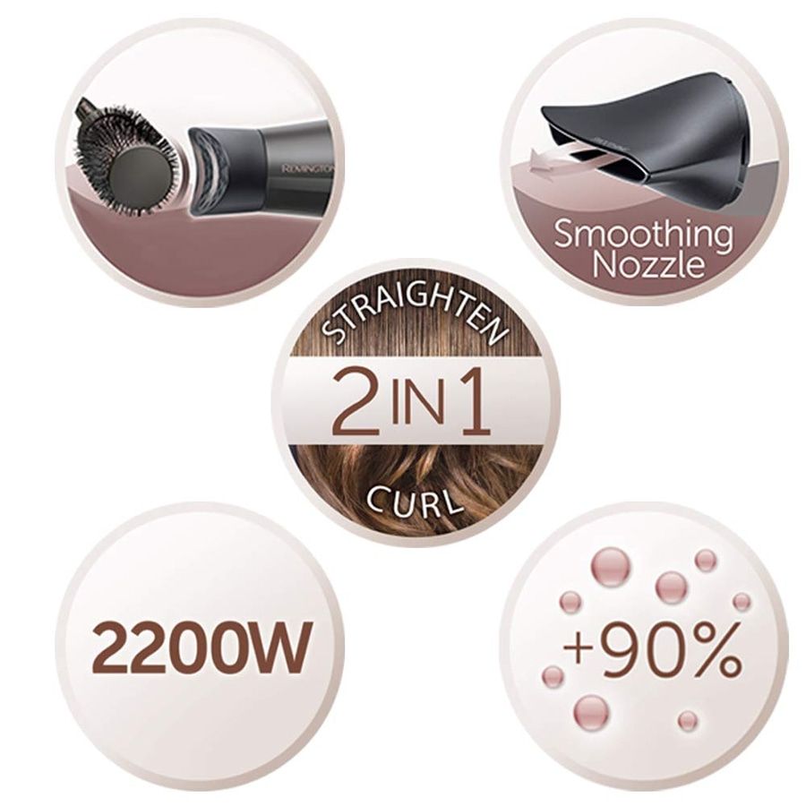 Haartrockner mit Aufsätzen, 2in1, 2200W, Glätten, Locken, +90%.