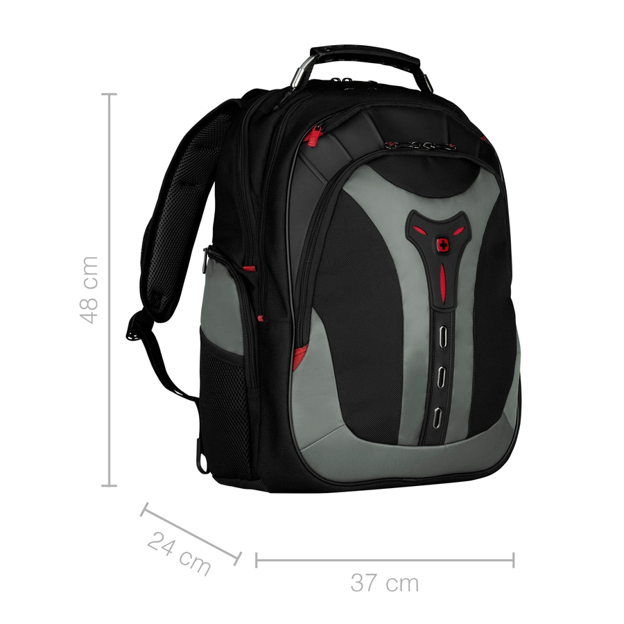 Schwarzer Rucksack mit grauen Akzenten, 48 cm hoch, 24 cm breit, 37 cm lang.