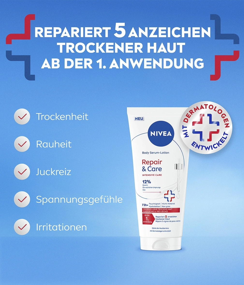 Nivea Repair & Care body lotion repairs 5 signs of dry skin with dermatologist-developed formula.