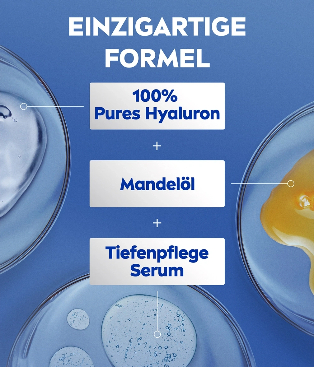 Einzigartige Formel: 100% Pures Hyaluron, Mandelöl, Tiefenpflege Serum.