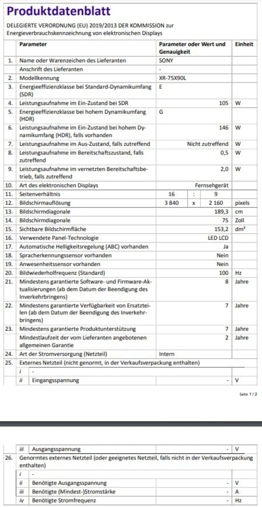 Produktdatenblatt für elektronische Displays. Informationen zu Energieeffizienz, Auflösung und Funktionen.