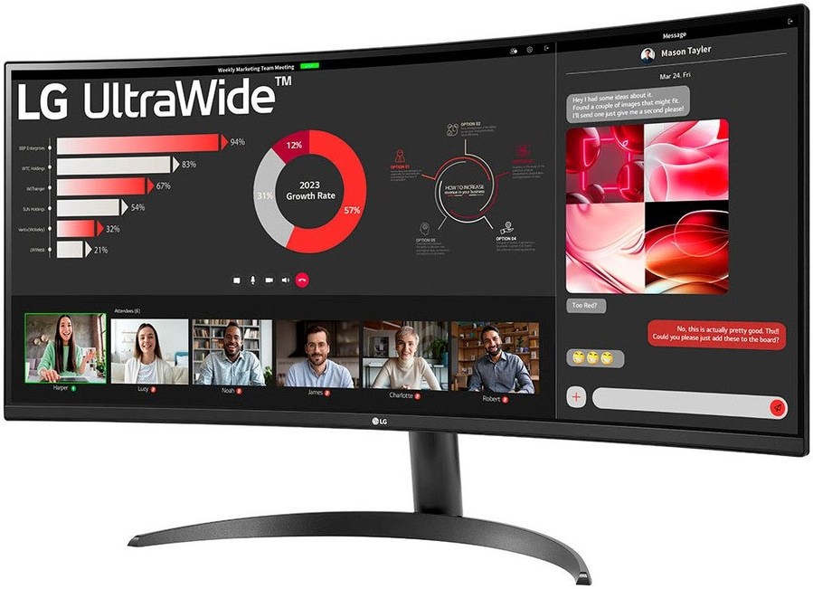 LG UltraWide Monitor mit Meeting-Diagrammen und Chat-Fenster, Team-Zusammenarbeit