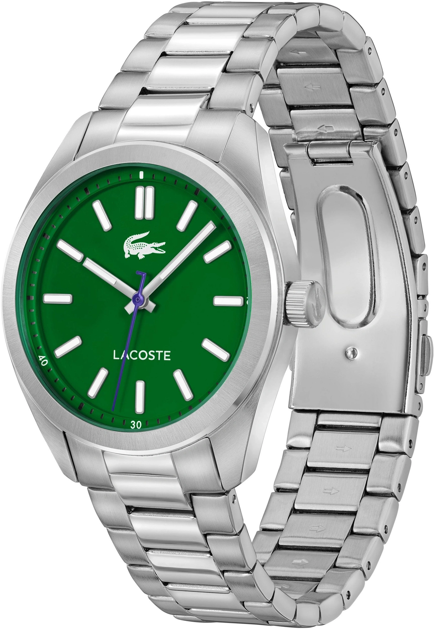 Silberne Lacoste-Armbanduhr mit grüner Oberseite und Krokodil-Logo