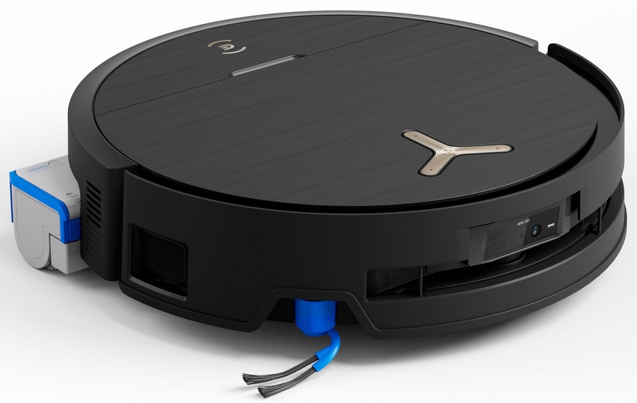 Schwarzer Roboter-Staubsauger mit blauen Bürsten und AIVI 3D-Kamera, TrueEdge-Technologie.