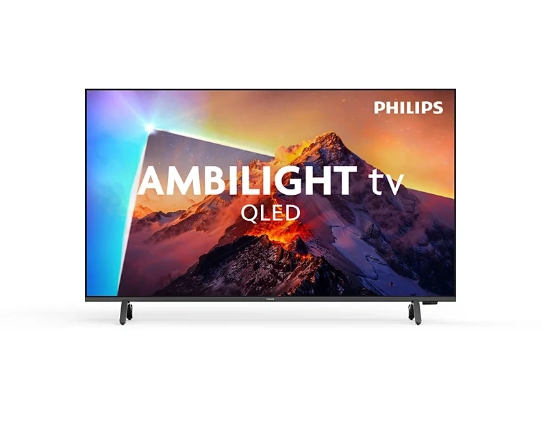 Philips Ambilight QLED Fernseher mit Berglandschaft und Lichteffekten
