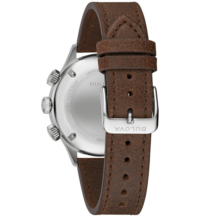 BULOVA 96A245 Armbanduhr Automatikuhr Herrenuhr Lederarmband 42 mm B-Ware Nahaufnahme einer Bulova-Uhr mit braunem Lederarmband und silbernem Gehäuse