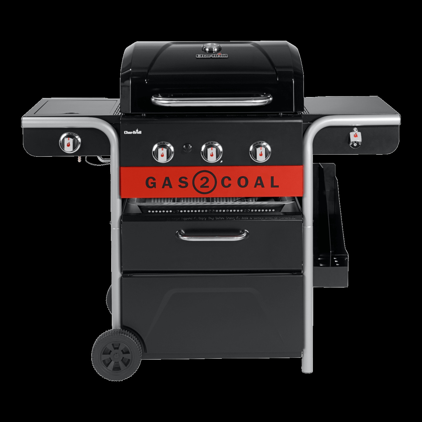 Schwarzer Gasgrill mit rotem Akzent und der Aufschrift GAS 2 COAL.