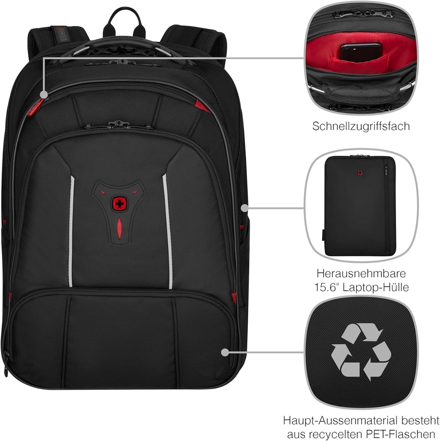 Schwarzer Rucksack mit Schnellzugriffsfach, Laptop-Hülle und recyceltem Material.