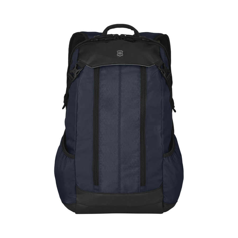 Blauer Rucksack mit schwarzen Details und Reißverschlüssen, ideal für den Alltag.