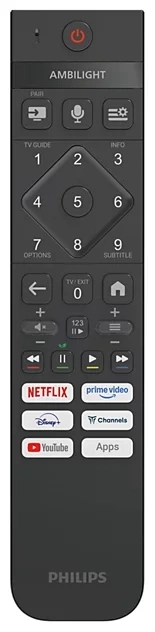 Eine graue Philips TV-Fernbedienung mit Netflix-, Disney+-, YouTube- und Prime Video-Tasten.