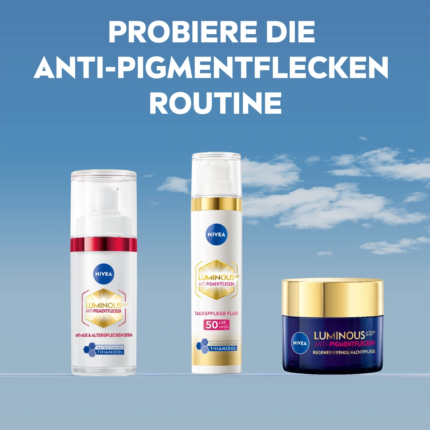 Nivea Luminous 630 anti-pigmentflecken routine mit drei Produkten im Himmel-Hintergrund
