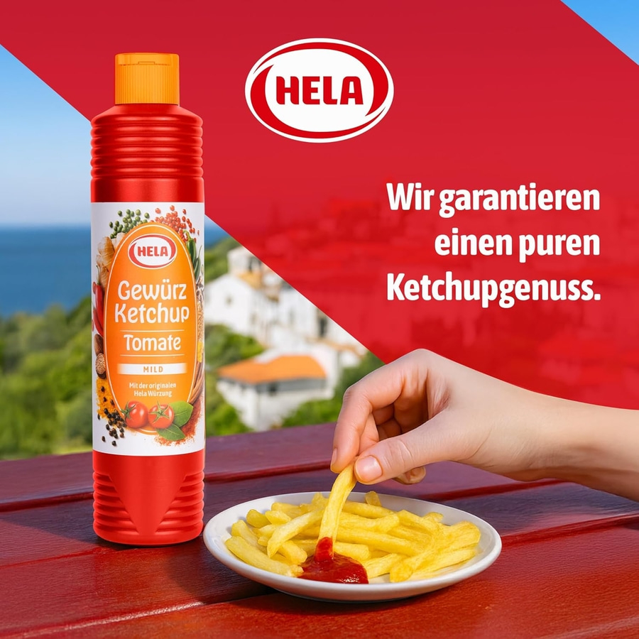 Hela Gewürzketchup Tomate wird mit Pommes Frites serviert.