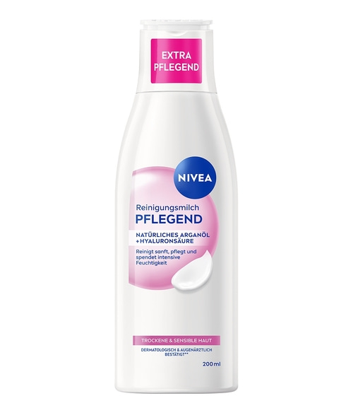 Nivea Reinigungsmilch mit Arganöl und Hyaluronsäure für trockene Haut.