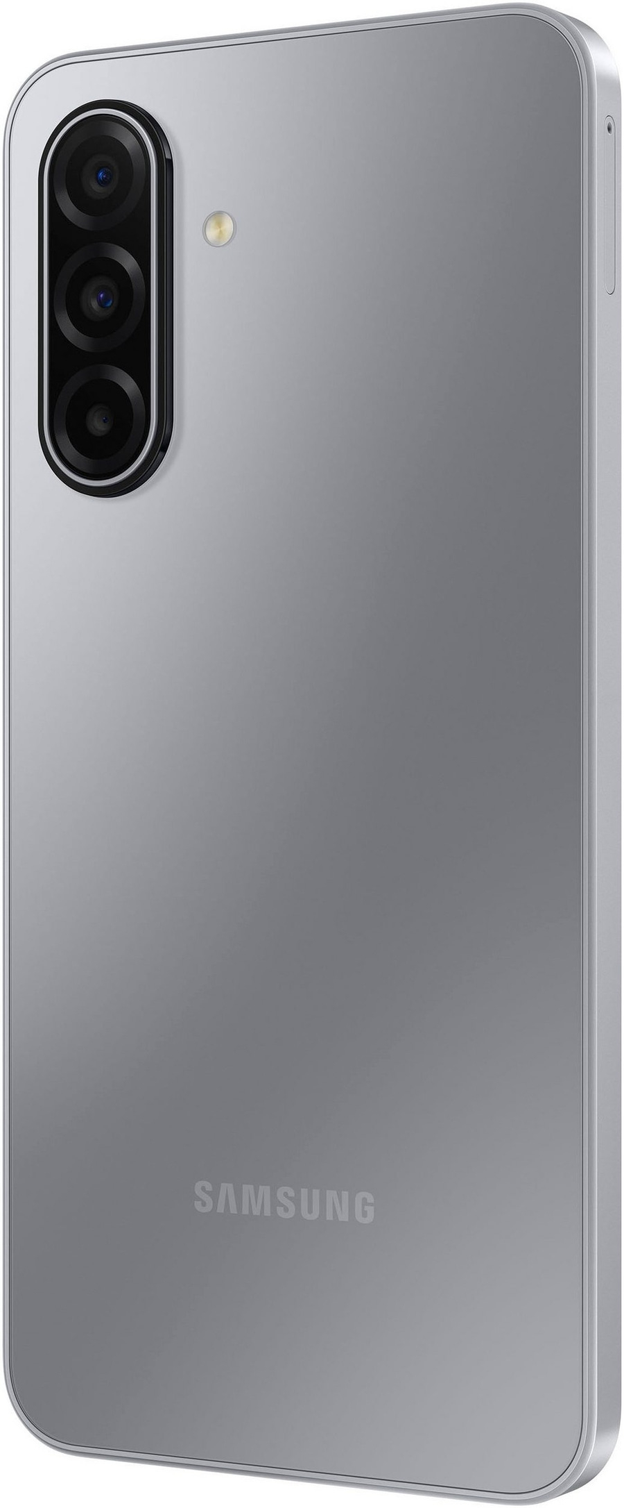 Rückseite eines silbernen Samsung Smartphones mit drei Kameras.