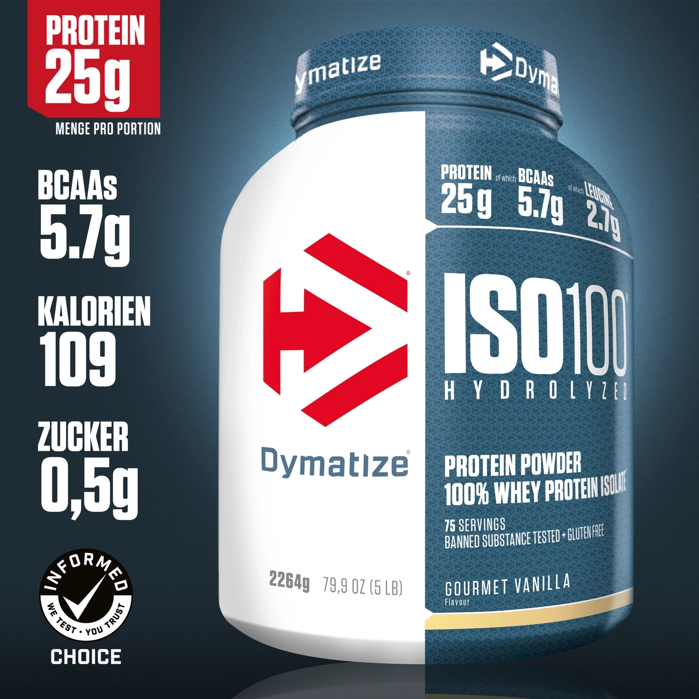 Dymatize ISO100 Gourmet Vanilla Protein Powder container
