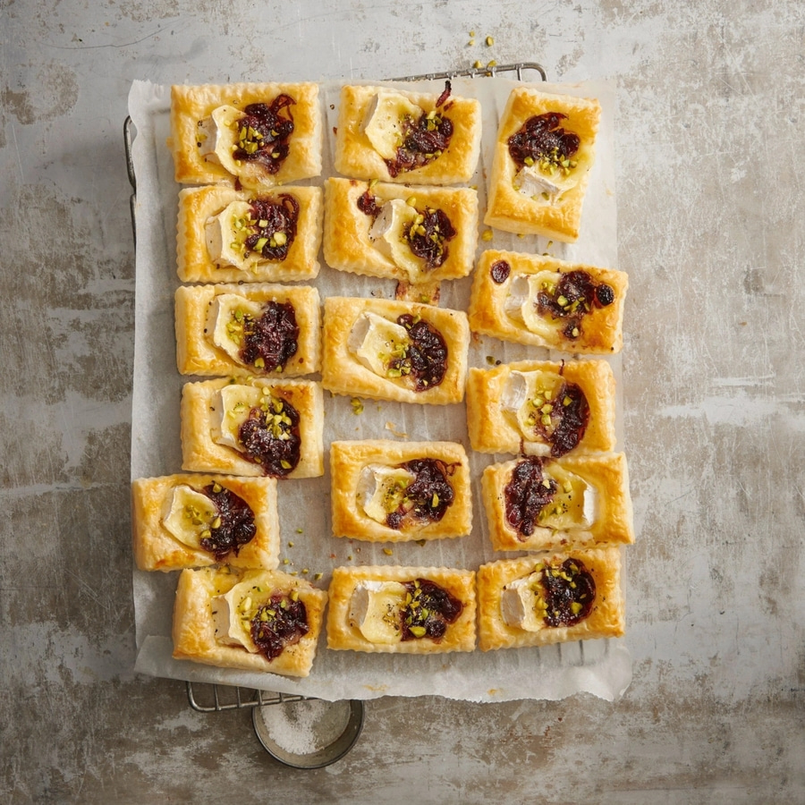 Köstliche Blätterteig-Tartelettes mit Käse, Marmelade und Pistazien auf Backpapier