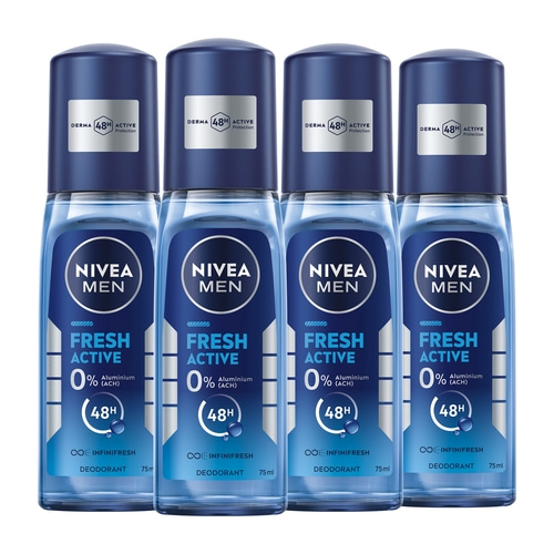 Nivea Men Fresh Active Deodorant, 4 Stück, 48h Schutz, 0% Aluminium, 75ml