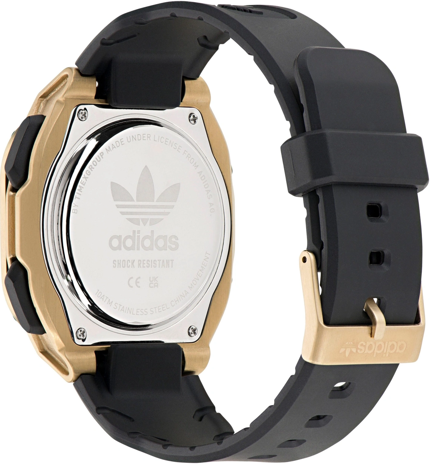 Eine goldene und schwarze Adidas-Uhr mit Riemen und Schnalle.
