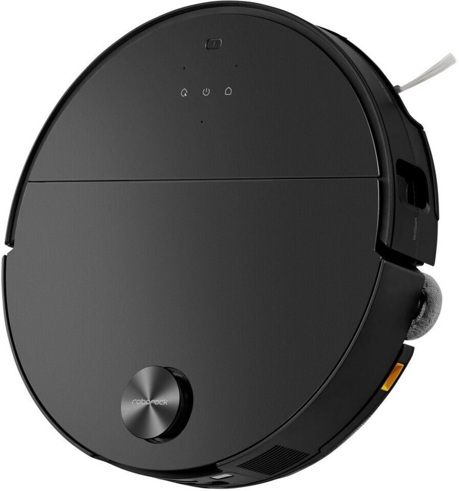 Schwarzer Roboter-Staubsauger mit Roborock-Logo und Bedienelementen