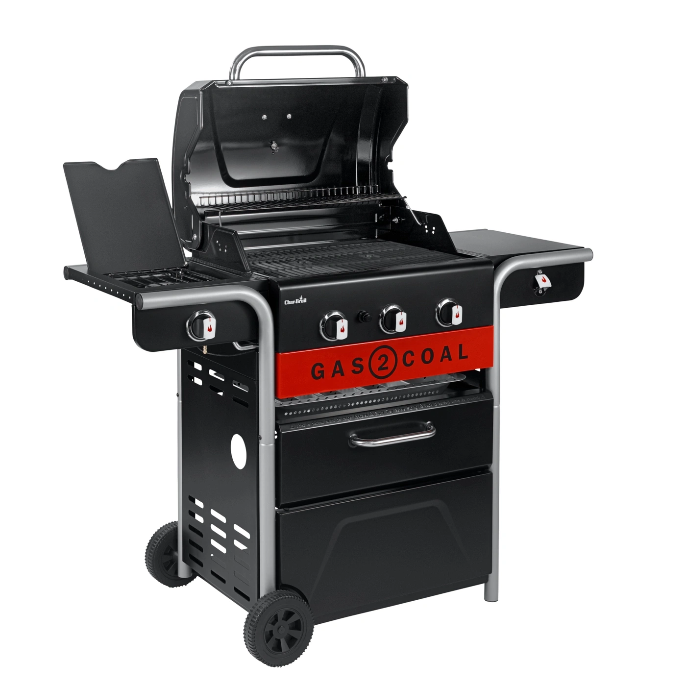 Ein schwarzer Gas-Kohle-Grill mit aufklappbarem Deckel und zwei Rädern.
