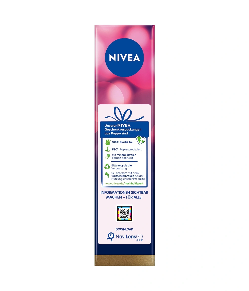 Nivea Geschenkverpackung mit Informationen zur Nachhaltigkeit und App-Download.