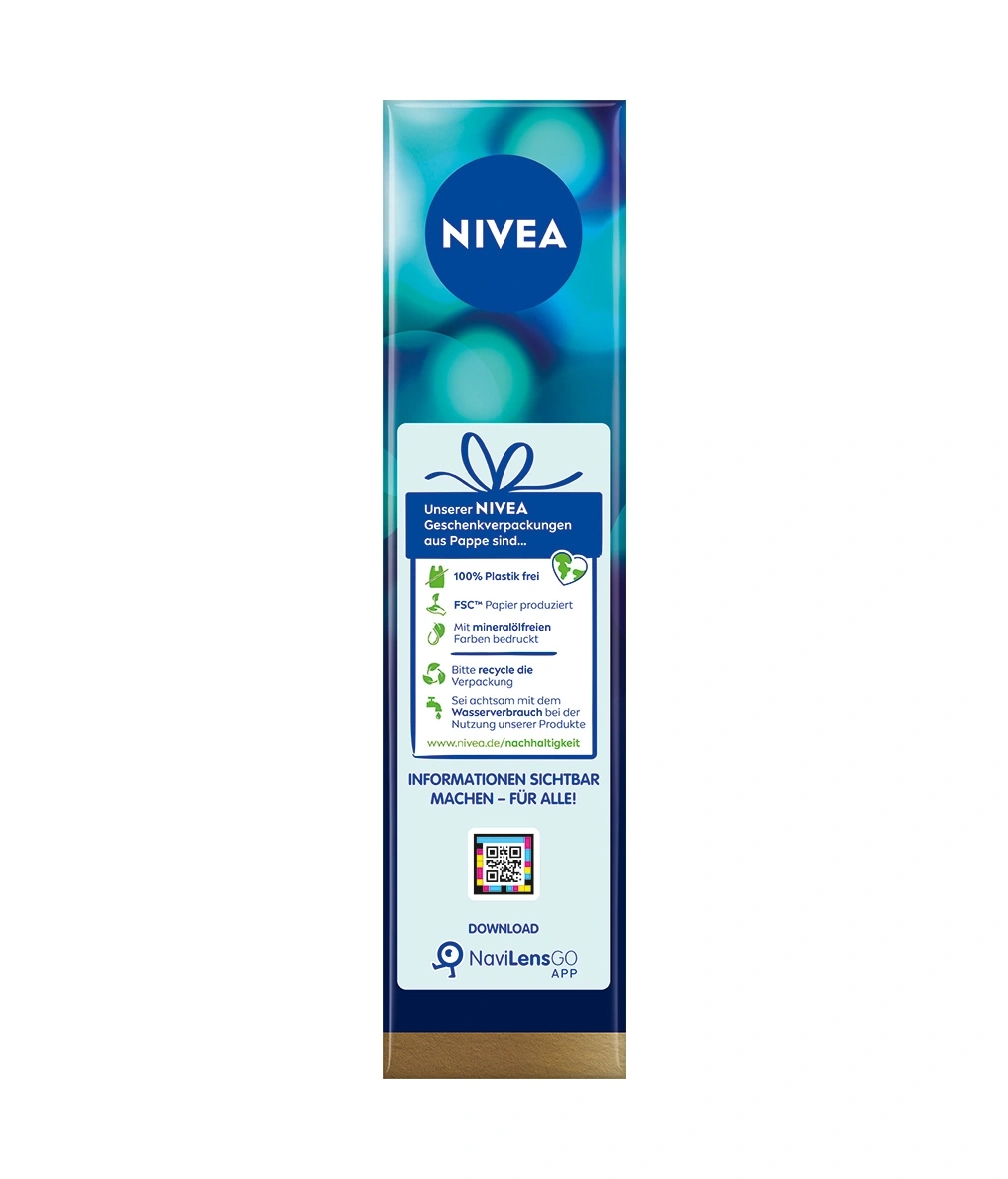 NIVEA Geschenkverpackung aus Pappe mit Informationen zu Nachhaltigkeit und QR-Code.