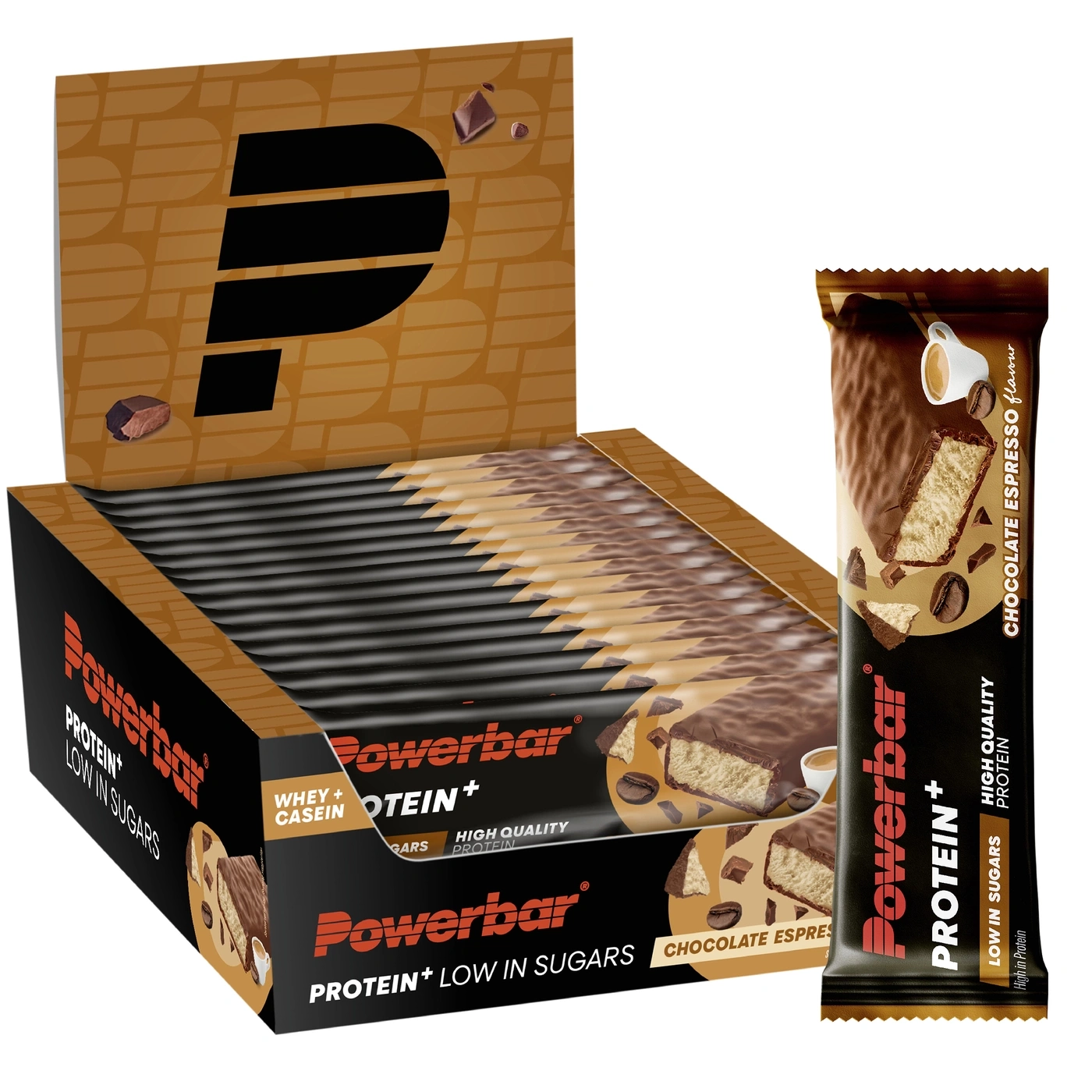 Eine Packung Powerbar Protein Riegel mit Schokolade-Espresso Geschmack