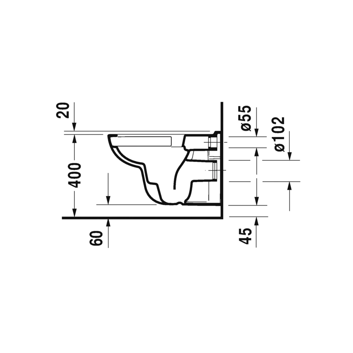 Seitenansicht einer Toilette mit Maßangaben in Millimetern.