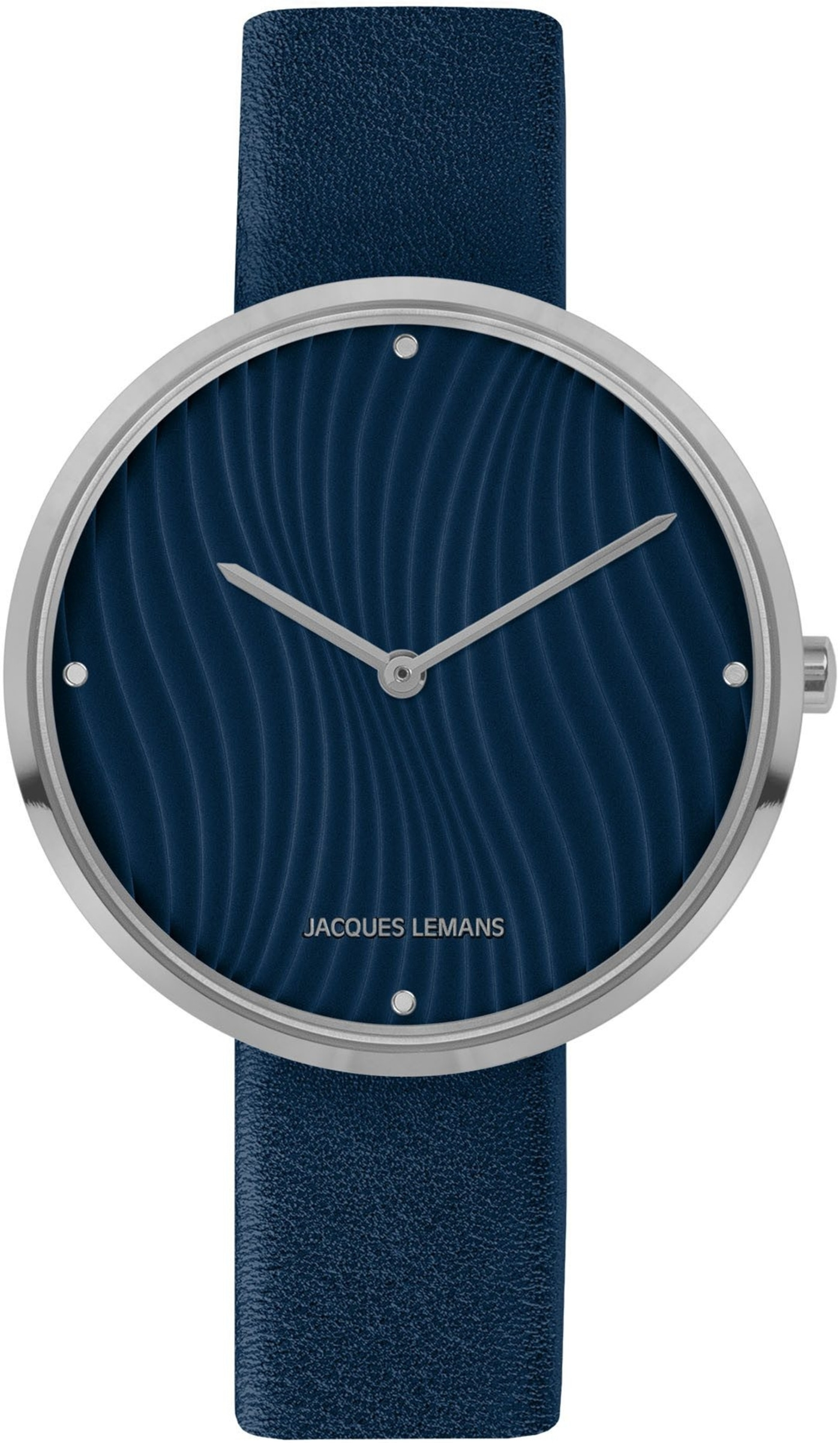 Eine blaue Jacques Lemans Armbanduhr mit einem Wellenmuster auf dem Zifferblatt.