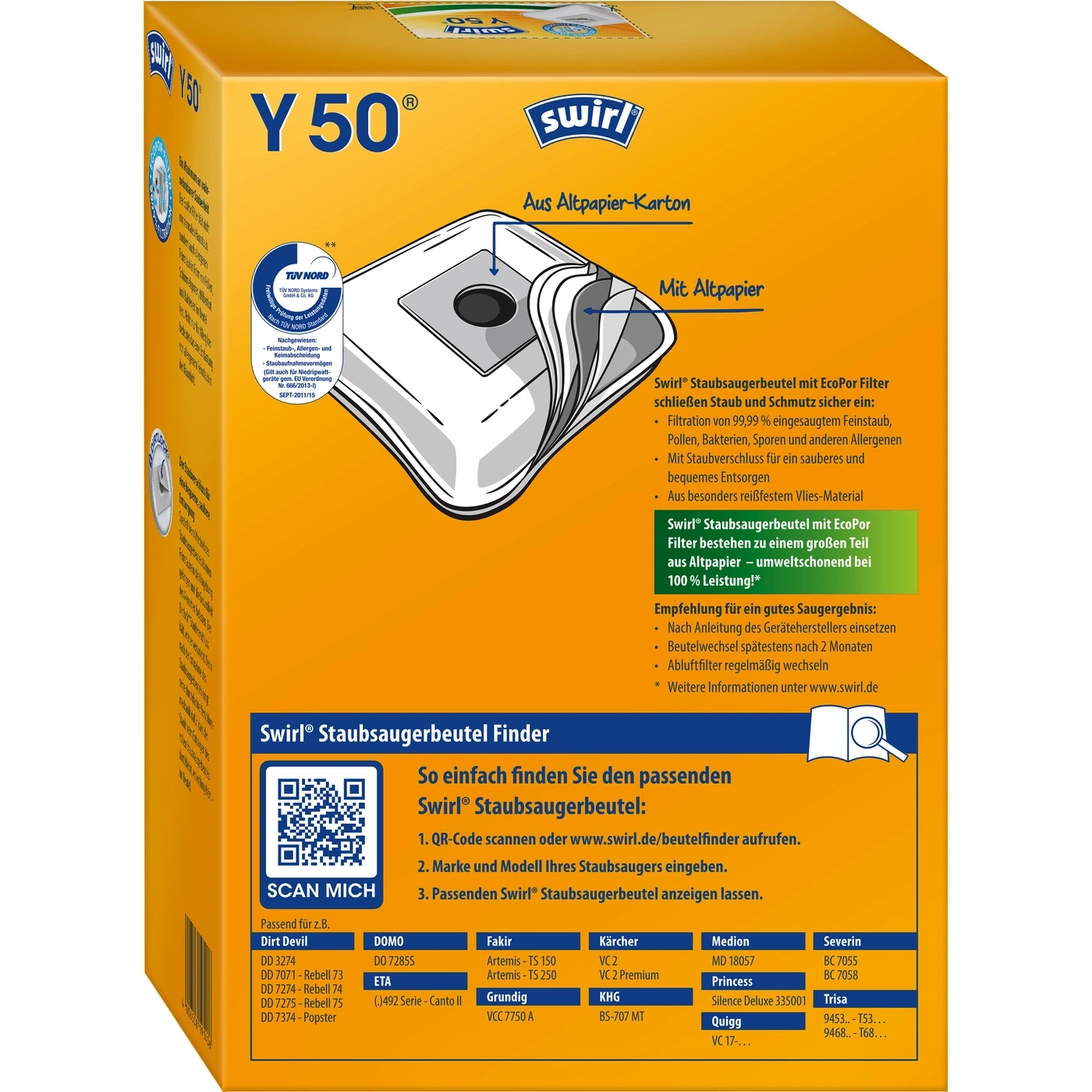 Swirl Staubsaugerbeutel Packung mit Informationen und QR-Code für Staubsaugerbeutel-Finder.