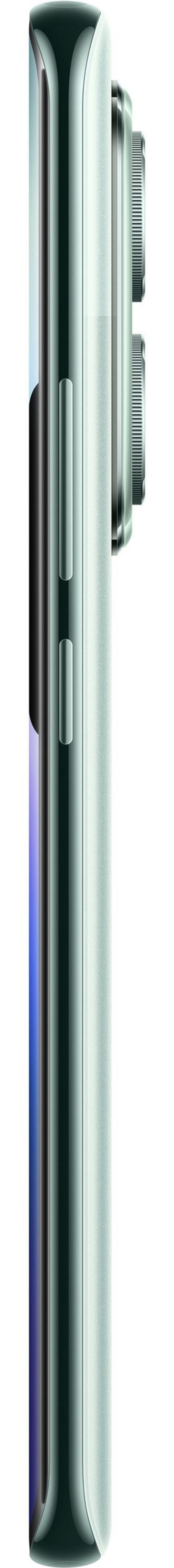 Seitenansicht eines hellgrünen Smartphones mit Kameras und Knöpfen.