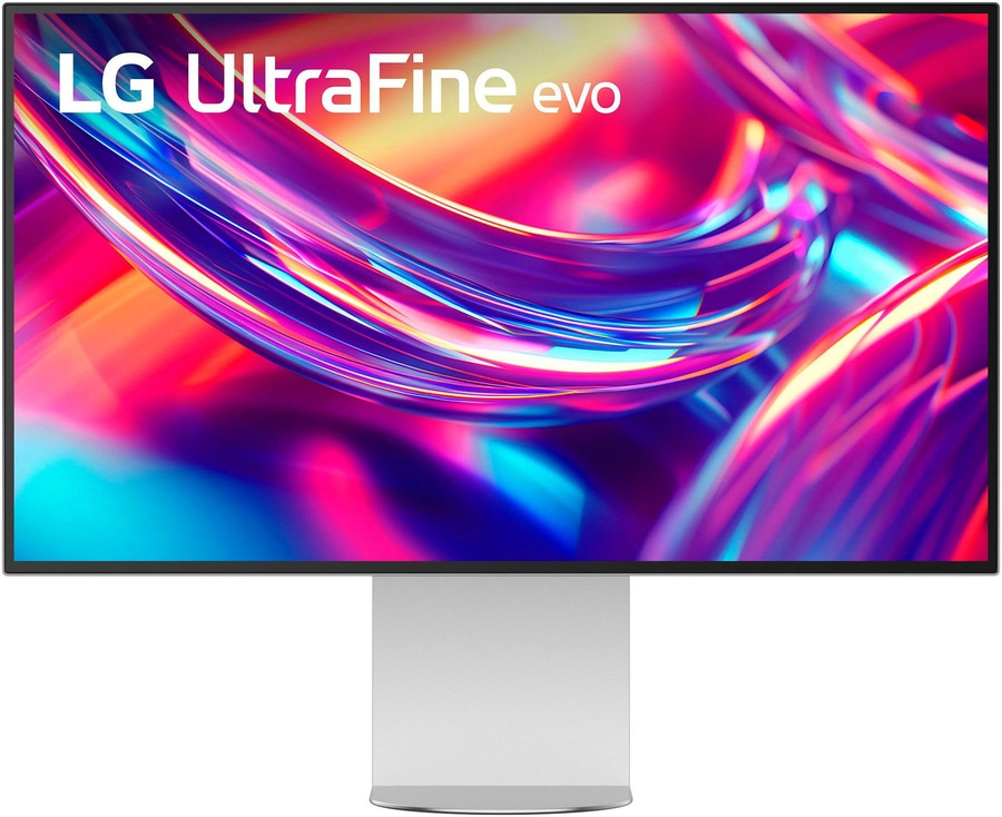 LG UltraFine evo Monitor mit farbenfrohem Hintergrund und silbernem Ständer.