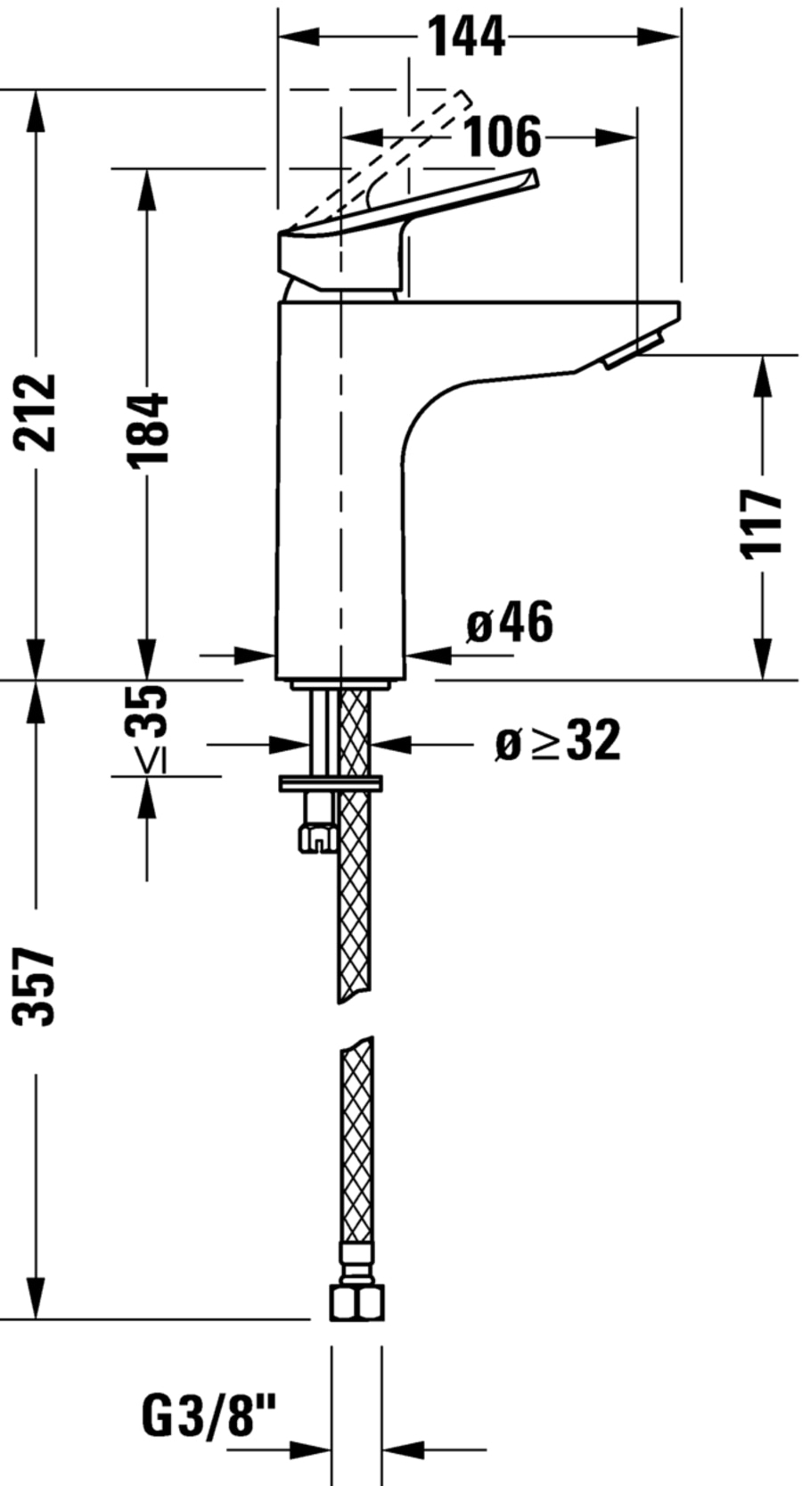 Wasserhahn mit Maßen: 212, 184, 35, 144, 106, 46, 32, 117, 357, G3/8"