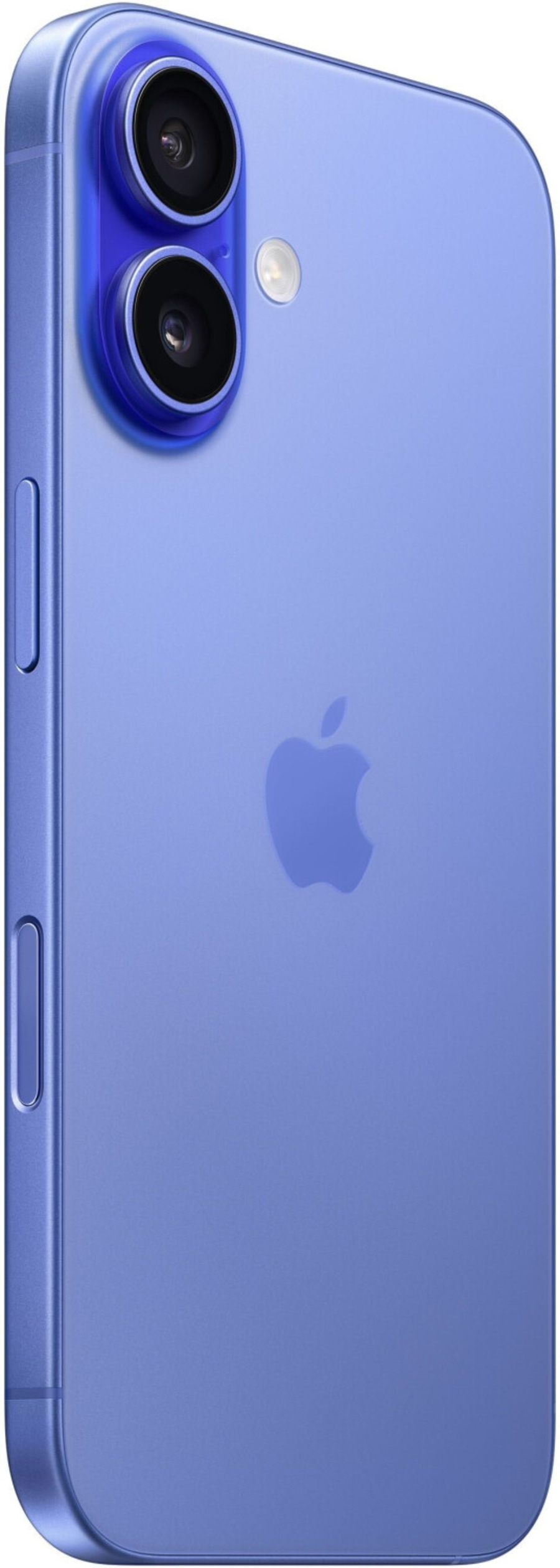 Blaues iPhone mit zwei Kameras und Apple-Logo auf der Rückseite.