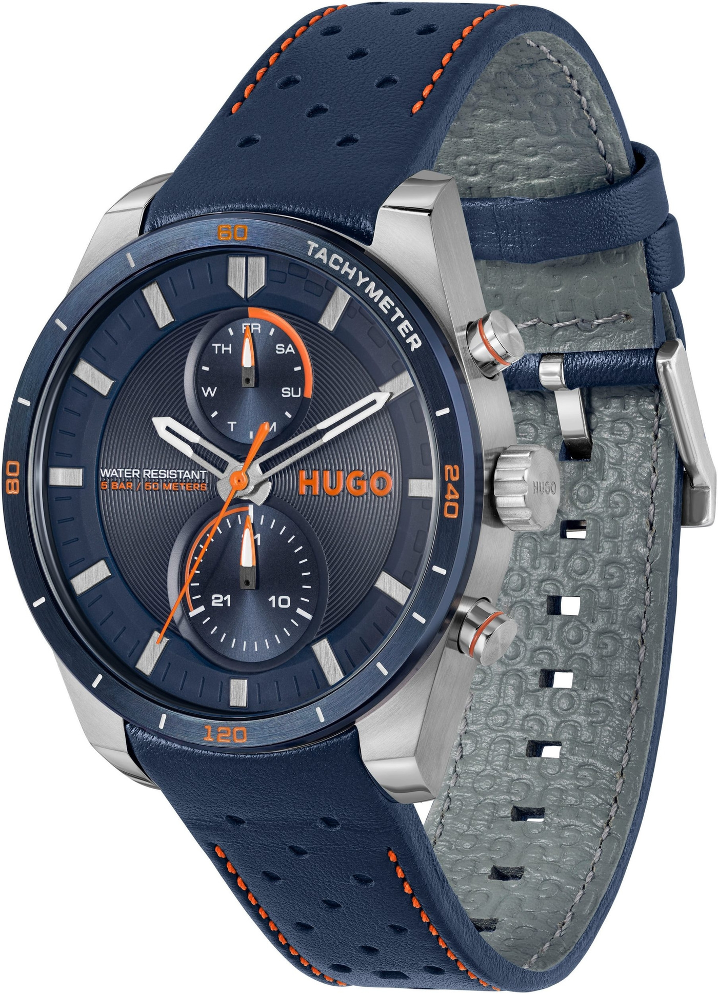 Blaue Hugo-Uhr mit orangefarbenen Akzenten und Lederarmband. Tachymeter-Funktion.