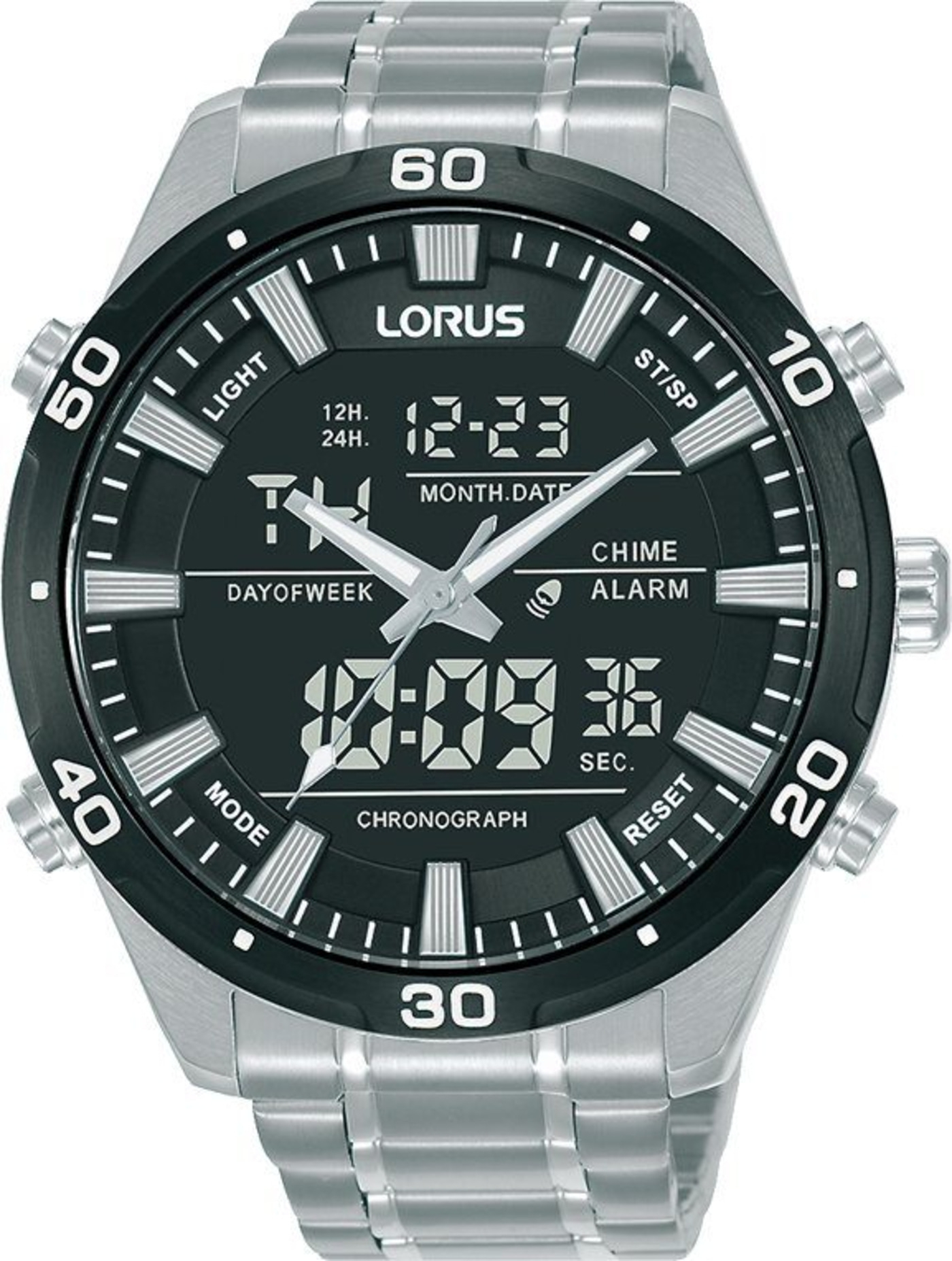 Lorus Uhr mit digitaler Anzeige, Datum und Chronograph-Funktion, Edelstahlarmband.