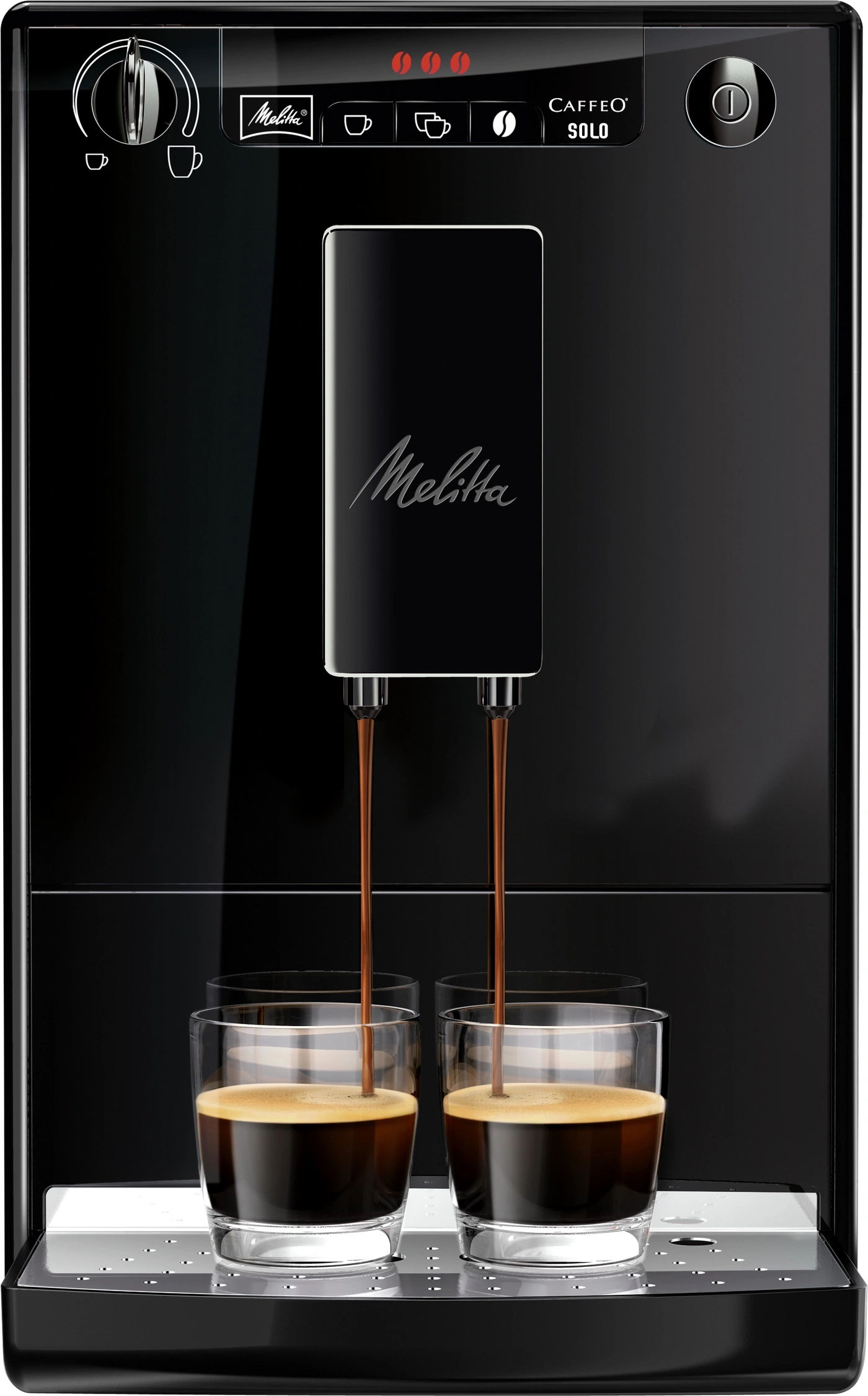 Kaffeemaschine mit zwei Gläsern, die mit Kaffee gefüllt werden, Melitta-Logo