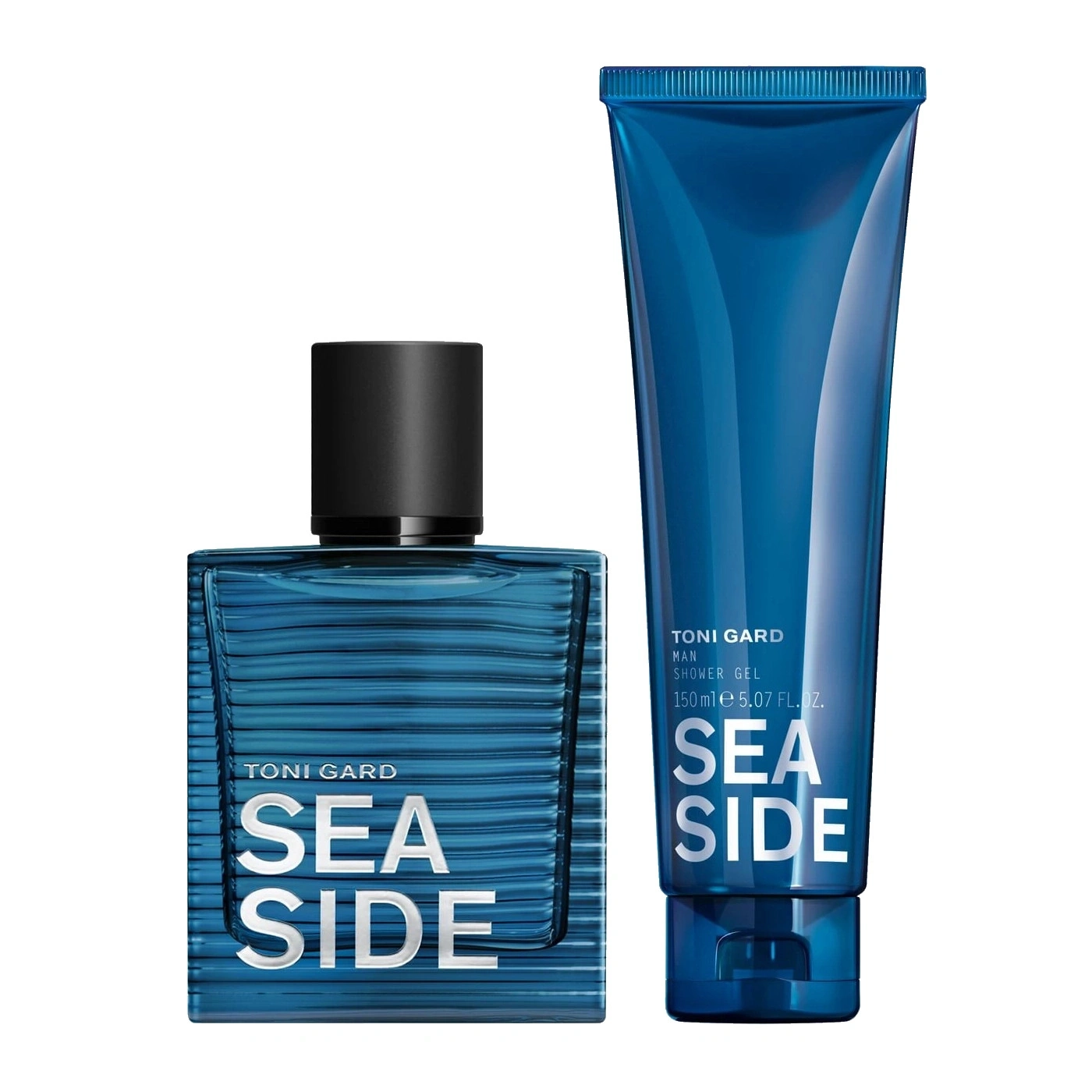Zwei blaue Flaschen mit dem Aufdruck SEA SIDE