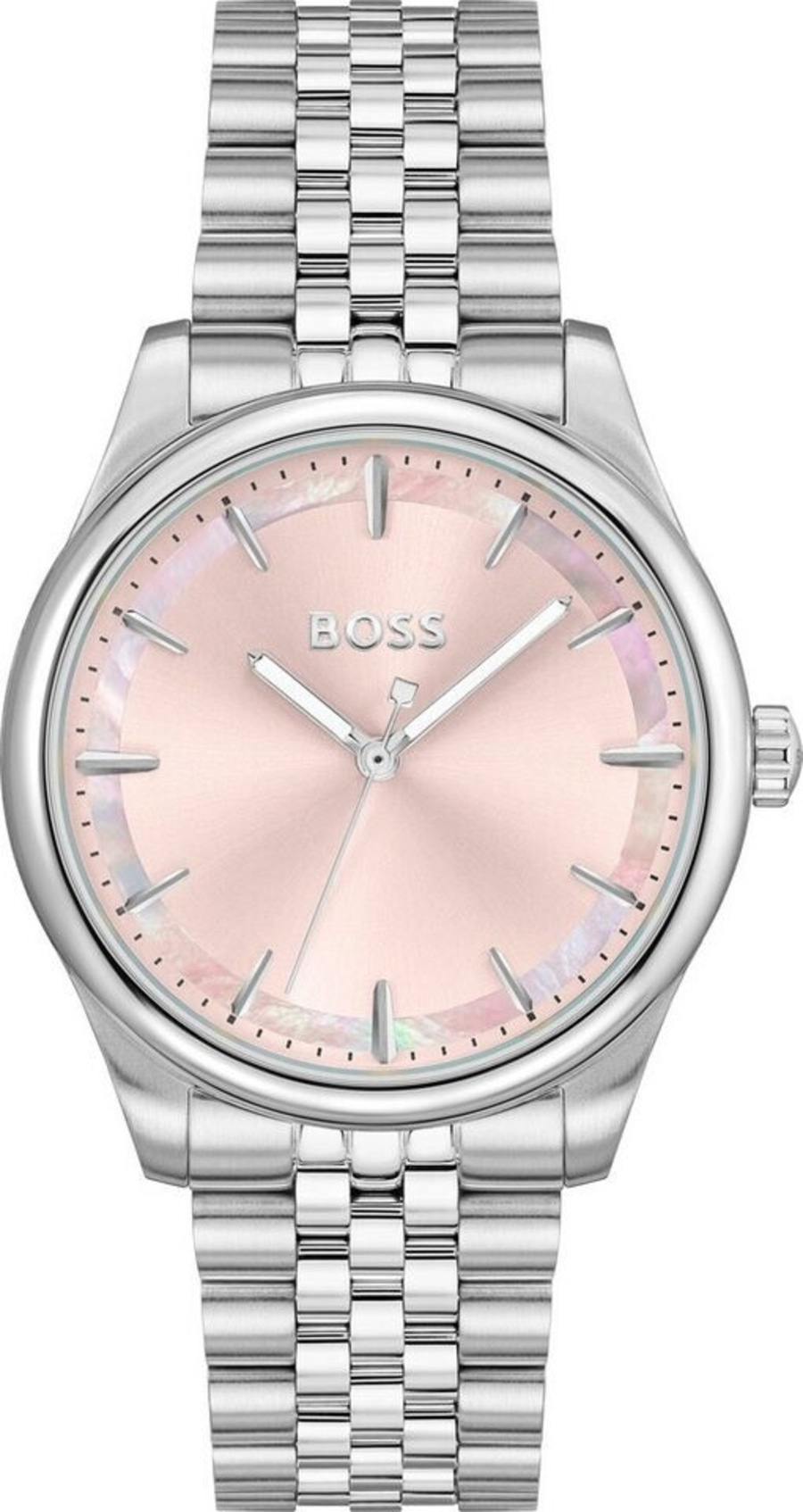 Silberne Boss Damenuhr mit pinkem Zifferblatt und Metallarmband.