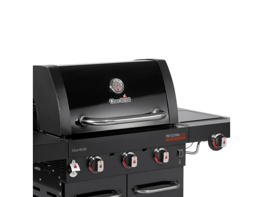 Schwarzer Grill mit Char-Broil-Logo und Temperaturanzeige, Nahaufnahme