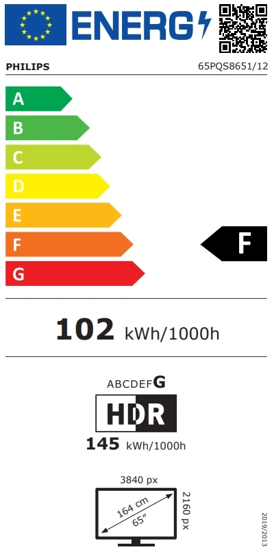 Energieeffizienzlabel für Philips Fernseher mit 65 Zoll, Energieklasse F, 102 kWh/1000h