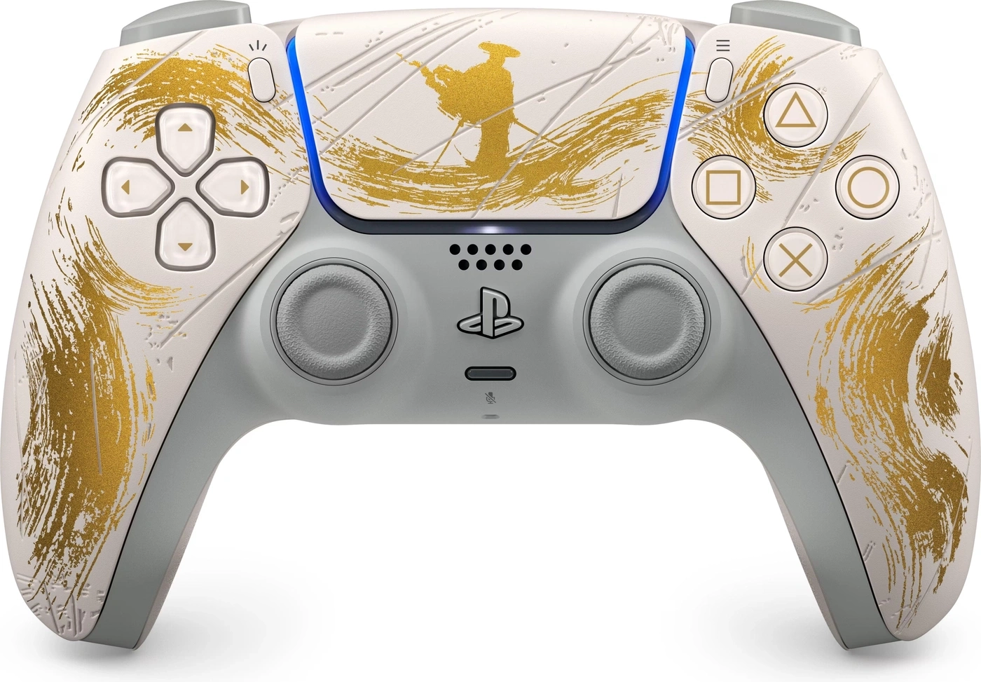 Ein weißer PlayStation 5 Controller mit goldenen Pinselstrichen und einem Samurai-Motiv.
