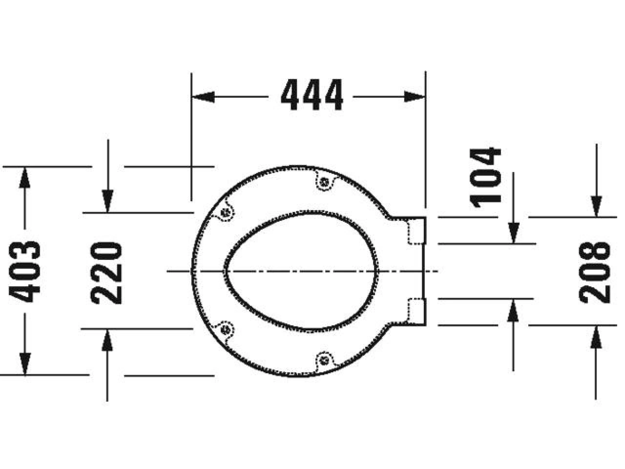 Toilettensitz mit Abmessungen: 403, 220, 444, 104, 208. Technische Zeichnung.