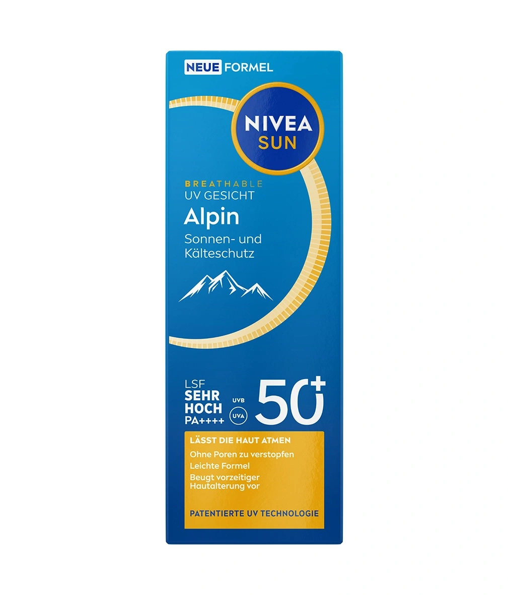 Nivea Sun Alpin Sonnenschutz LSF 50+ Packung mit Bergen und Sonnensymbol.